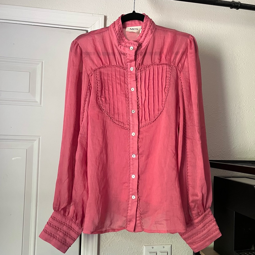 NWT MOS pink linen pleated bin ruffle button up long sleeve blouse shirt